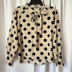 New Cream Beige & Black Polka Dot Self Tie Long Sleeve Blouse Size Medium